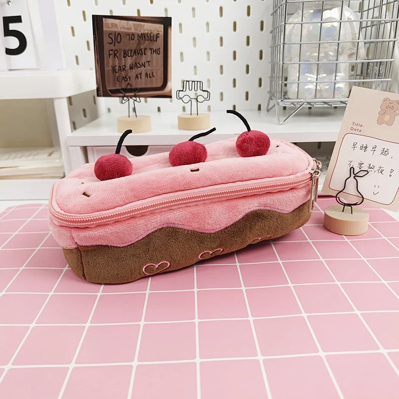 Plush Cherry Cake Pencil Case Kawaii Pencil Pouch Large Capacity Pen Storage Bags Student Pencilcase School Stationery Supplies