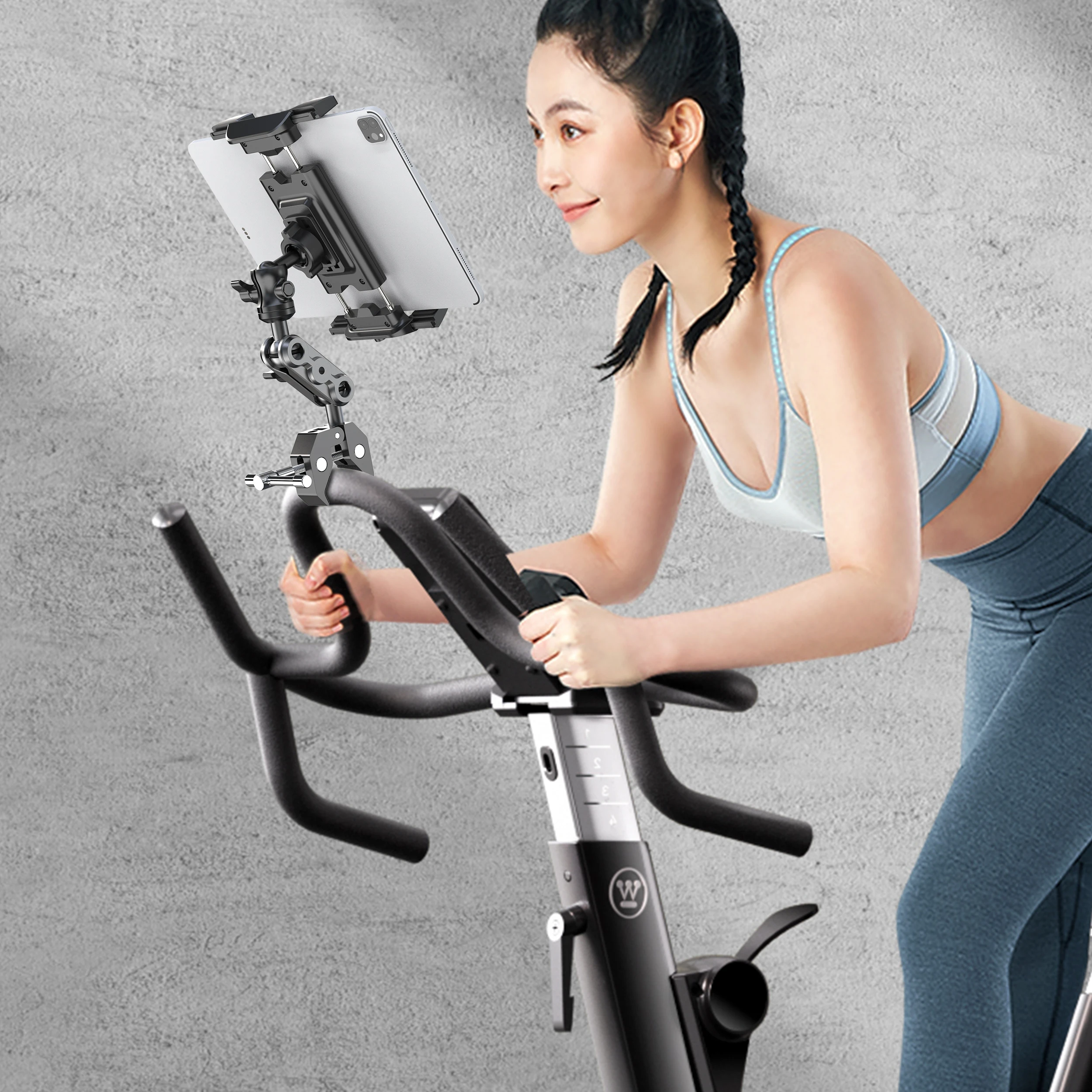 Handy- und Tablet-Halterung für Laufband/Spin-Bike/Kinderwagen/Rollstuhl/Golfcart/Stangen/Notenständer/Fitnessbike – Detail 12