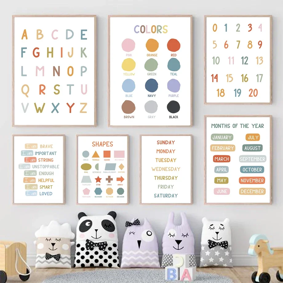 English Education Poster Alphabet Number Color Shape Wall Art Prints Canvas Painting Wall Pictures Kids Bedroom Classroom Dec