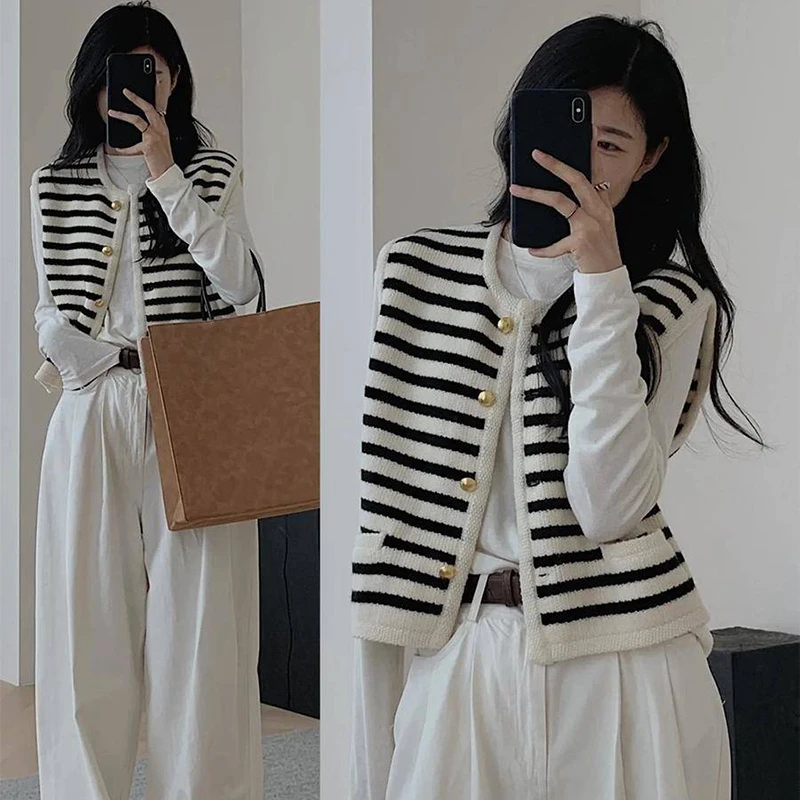 Chic Office Lady Korean Cardigan Women's Vest Elegant Stripe Casual Sweet Sleeveless Long Sleeve Sweater Vintage Basic Tank Top