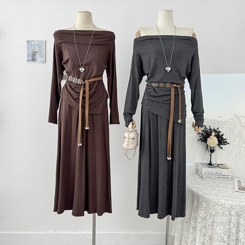 

Women Suit French Irregular Off-the-shoulder Slim Long-sleeved T-shirt Tops High-waist Pleated Versatile A-line Skirt Two-piece