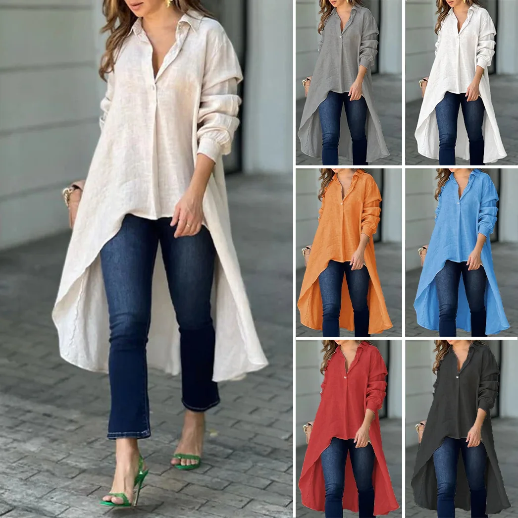 

2025 Spring Women's Long Shirt Irregular Front Short Back Long Lapel Pullover Top Solid Color Long Sleeve Street Blouses