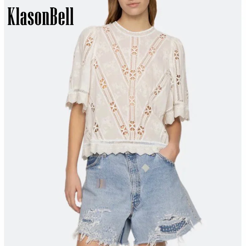 

6.27 KlasonBell 2024 New Cotton Embroidery Hollow Out Spliced O-Neck Blouse For Women Vintage Sweet Black Zipper White Shirt