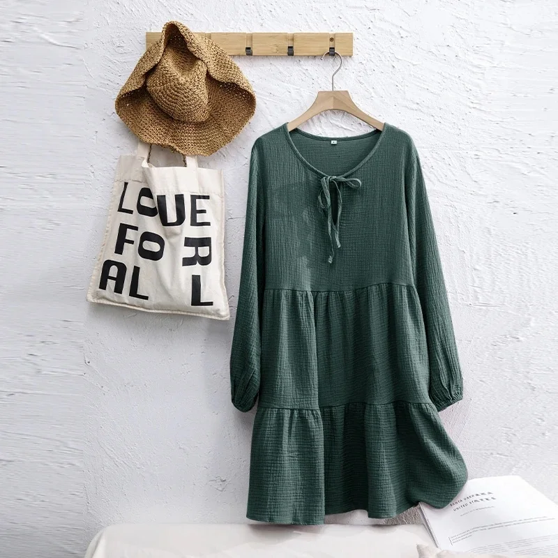 Muslin 100% Cotton Women Dress Loose Long Sleeve Lace-Up Boho Dresses Soild Vintage Streetwear Female Robe Hoilday Combination