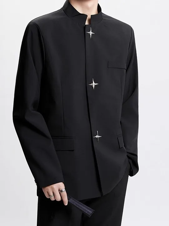 

New Chinese Sle Padded oulder Suit Jaet for Men Metal Button Design Stand Collar Trendy Haome Zhongan Coat Top