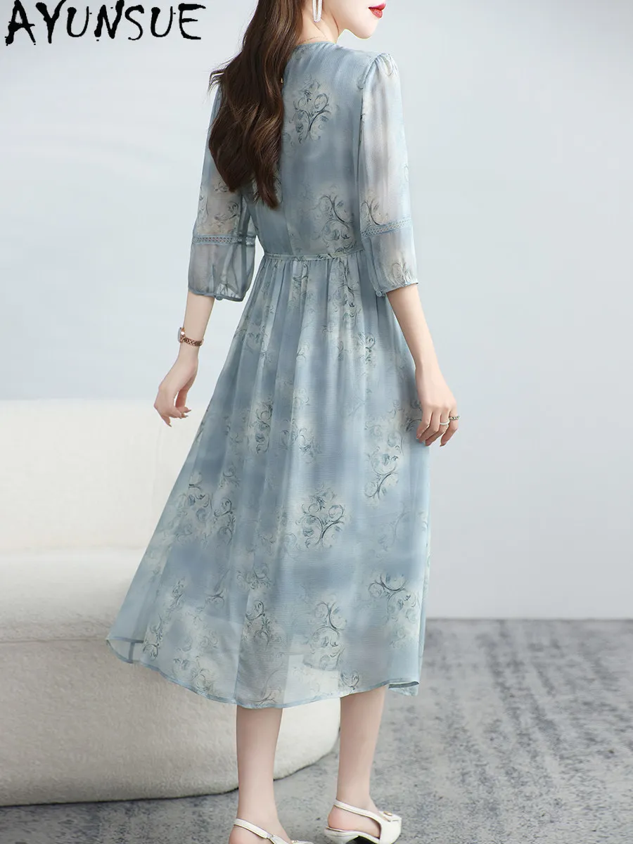 AYUNSUE 100% Mulberry Silk Long Dress for Women Elegant Womens Dresses Summer Dress Vintage Clothes Print Slim Платье Женское