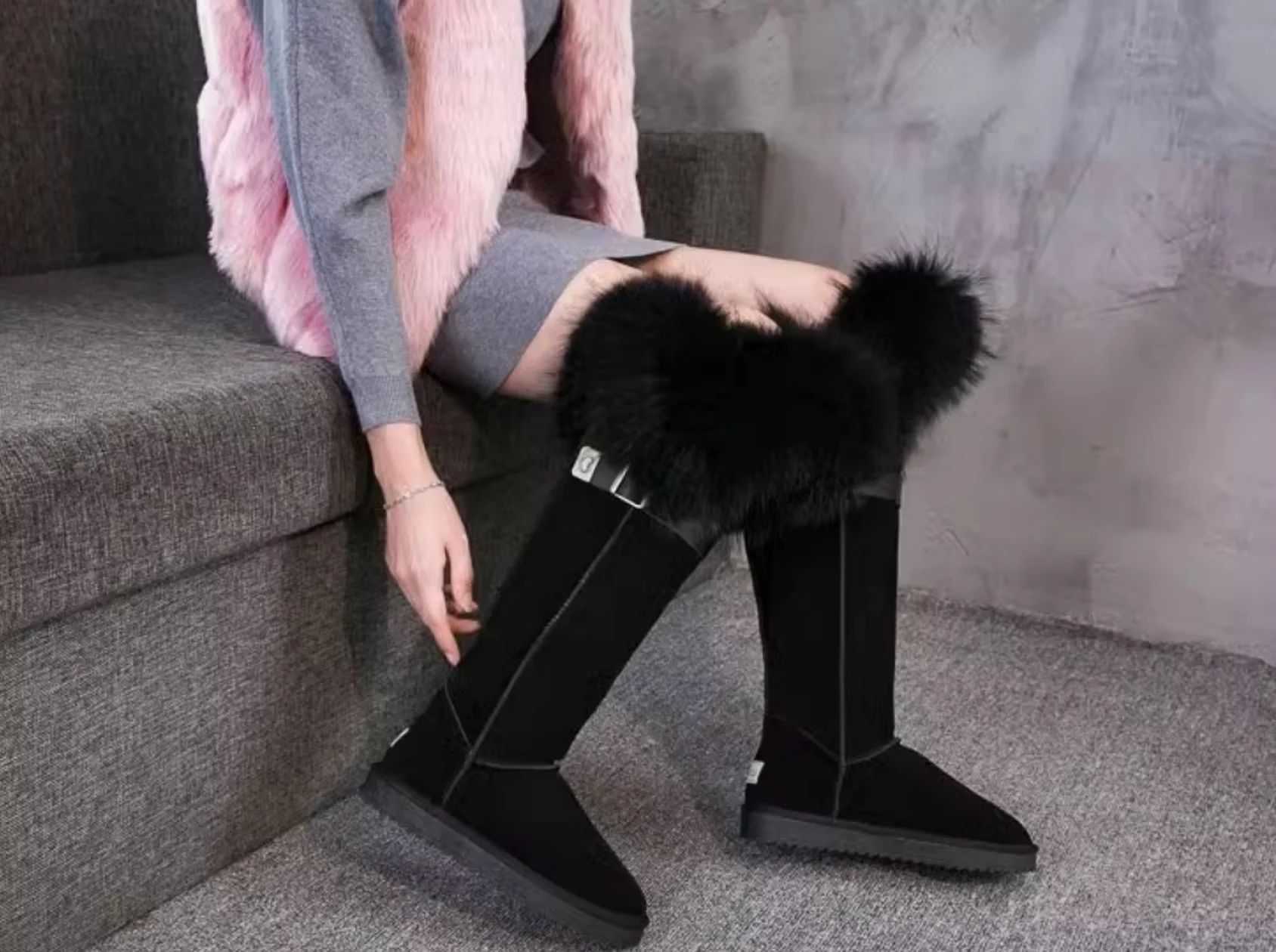 Sexy Fox Hair Round Toe Women Winter Warm Snow Knee High Long Boots Ladies Slip-on Flats Casual Runway Shoes 2025 New Fashion