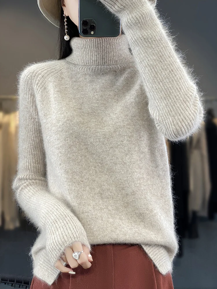 Pull à Col Roulé et Manches sulfen Cachemire de Vison pour Femme, Tricot Doux, Chaud et Confortable, Collection Printemps-Automne 100%