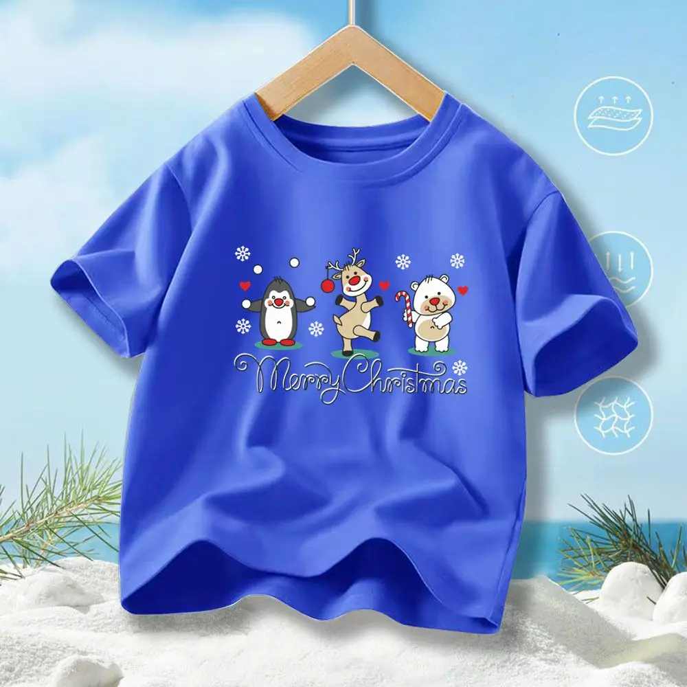 Boys Christmas Short‑Sleeve Cotton T‑Shirt Cute Penguin Reindeer Polar Bear Graphic Kids Merry Christmas Casual Tee Tops