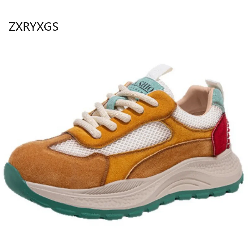 

ZXRYXGS женские модные кроссовки из воловьей кожи разных цветов, 2025 г., дорожная обувь на толстой подошве со шнуровкой, увеличивающая рост Tide