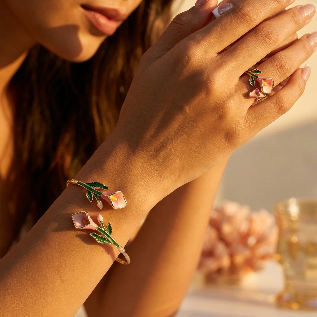 Enamel Camellia Sunflower Daisy Open Bracelet Ring Set Floral Jewelry Accessory Women Fashion Trend Gift Daily Accessory