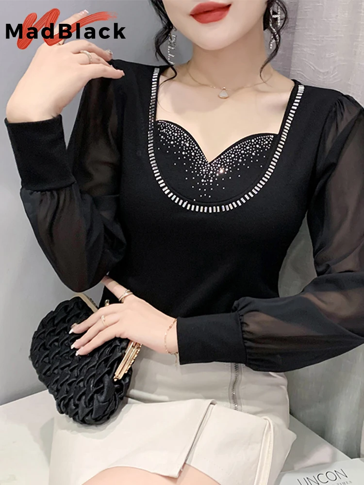 

MadBlack Autumn New Long Sleeved T-Shirts Heavy-Duty Diamonds-Studded Chiffon Tees Tshirt Women's Bottoming Tops T29301S