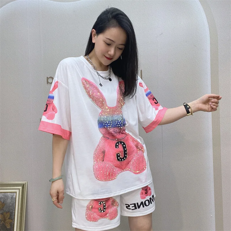 

2023 Spring Two Piece Sets Womens Outfits Cartoon Diamonds Loose Tracksuit Casual Knitting Tops and Shorts Conjunto Feminino