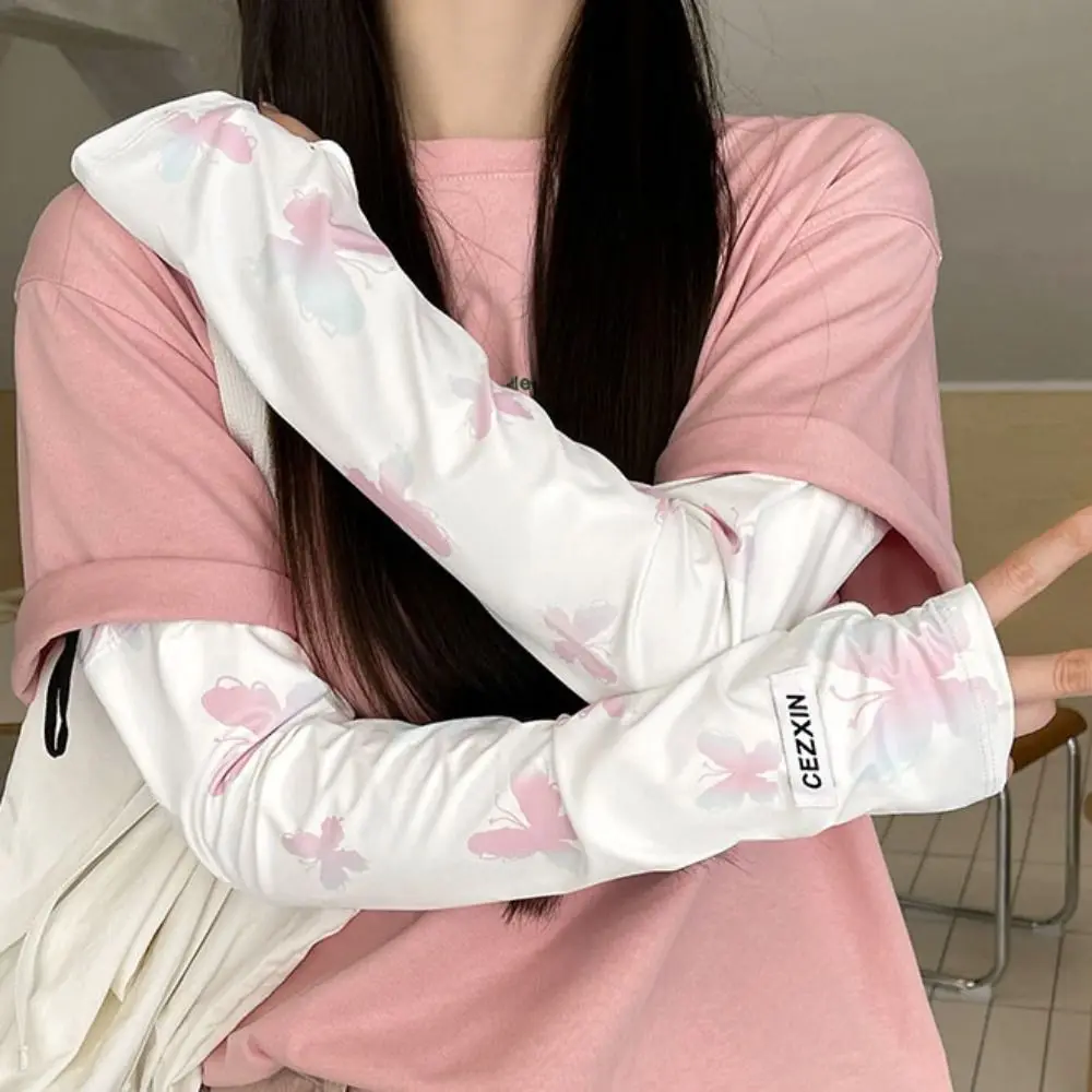 Sweet Butterfly Ice Silk Sleeves Gradient Solid Color Sunscreen Arm Sleeve Arm Cover Sun Protection Summer Long Glove Girl