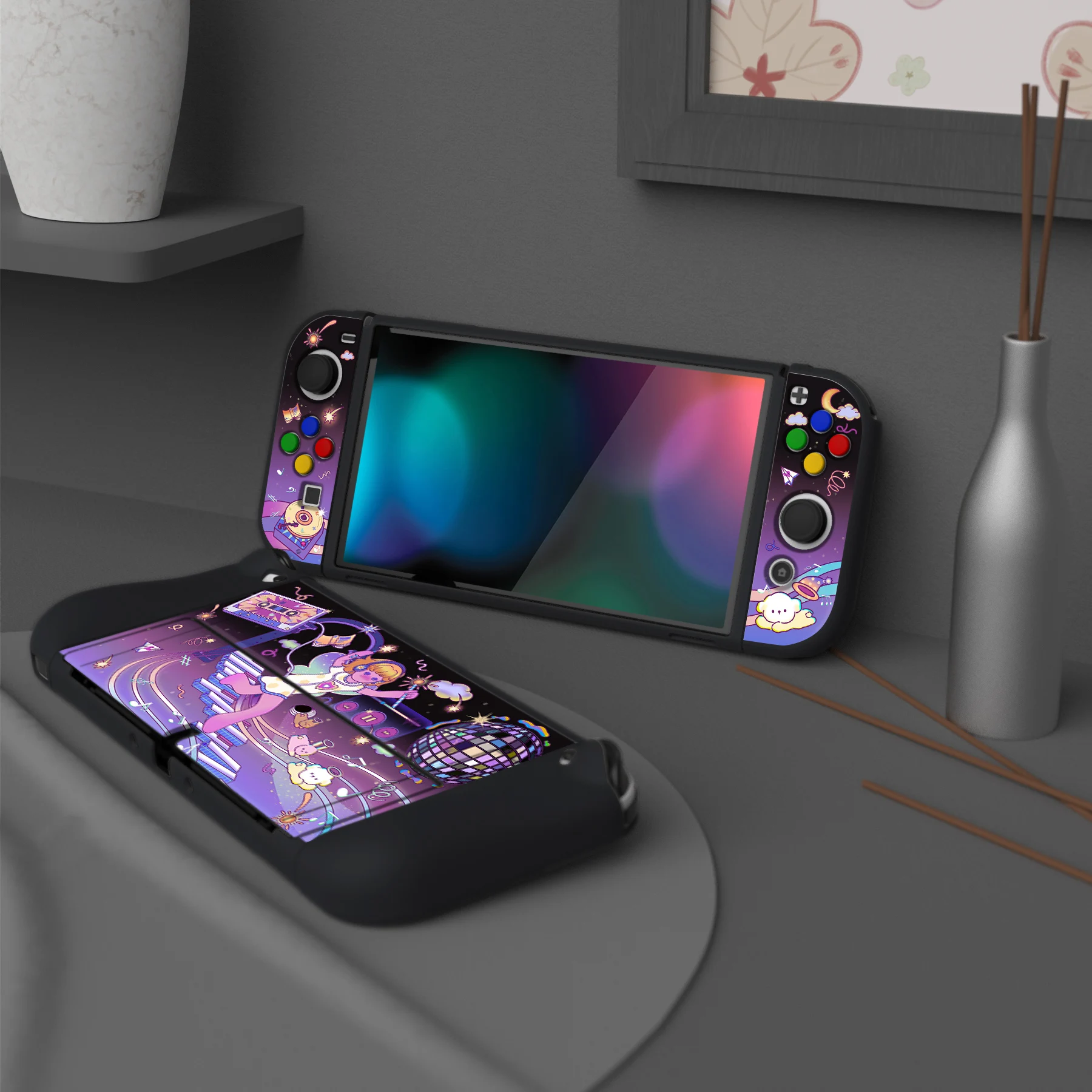 PlayVital ZealProtect casing pelindung lunak untuk Nintendo Switch OLED pelindung dengan Thumb grip-Dancing Notes