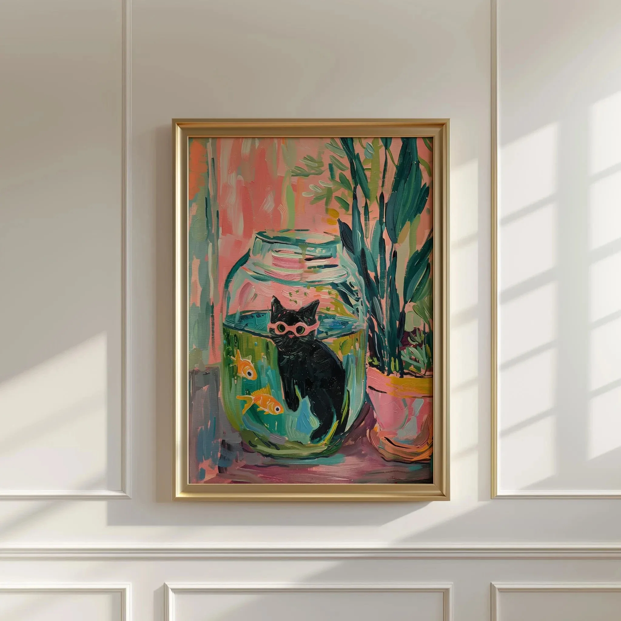 Kitten in Fishbowl Poster Print Vintage Classic Black Cat and Goldfish Frameless Canvas Art Home Living Room Decor