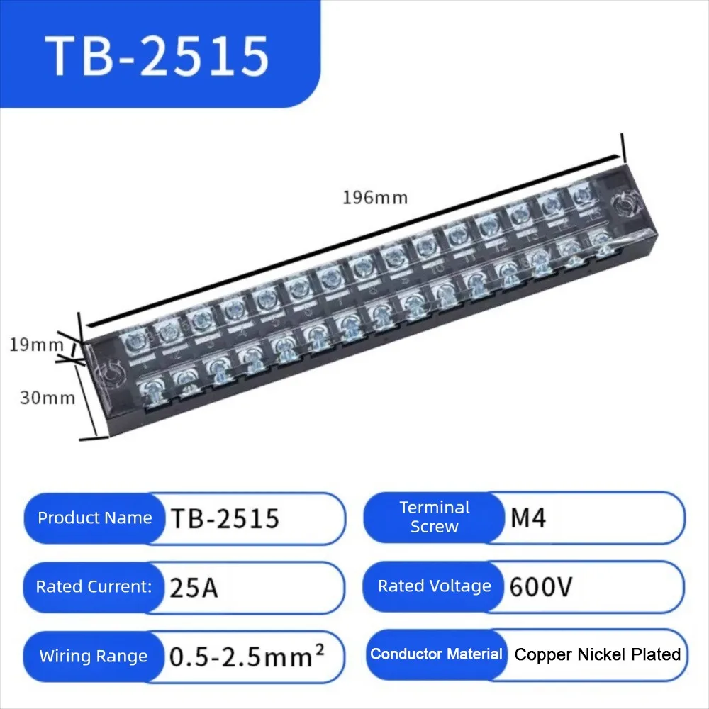 600V Screw Terminal Block 25A Current Rating 3-20 Positions Dual Row Terminal Block Dual Row Design Screw Clamp Connection