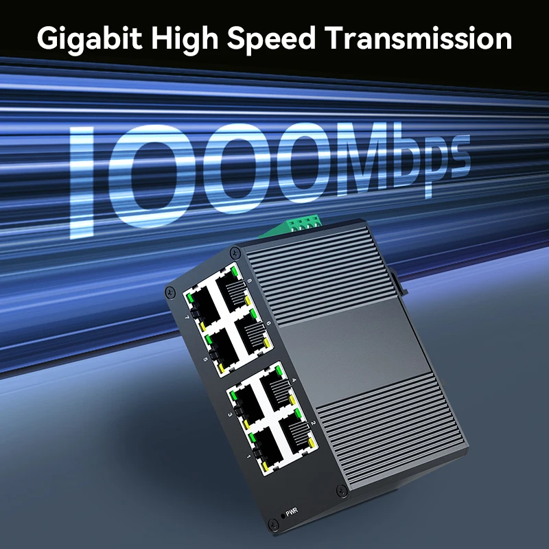 HORACO 8 Port Gigabit Industrial Switch 1000Mbps industry Network Ethernet Switch DIN Rail Mounted Plug and Play