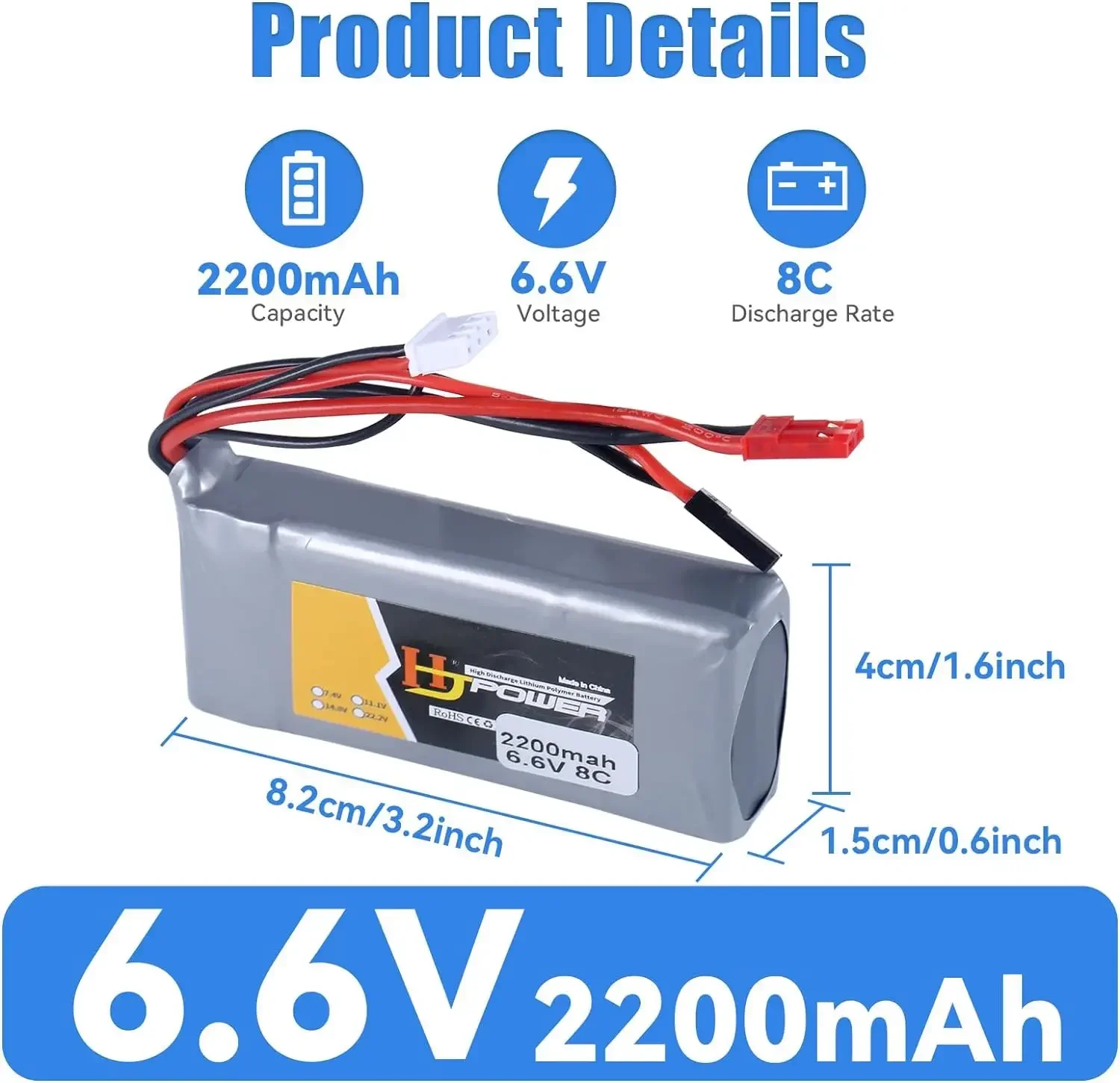 6.6V 8C 2200mAh LiFePO4 Battery for RC Receiver 18SZ 14SG 10J T8J T6J 7PX 4PX 4PV 4PLS 4PK 3PV T4PM with Futaba and JST Plug