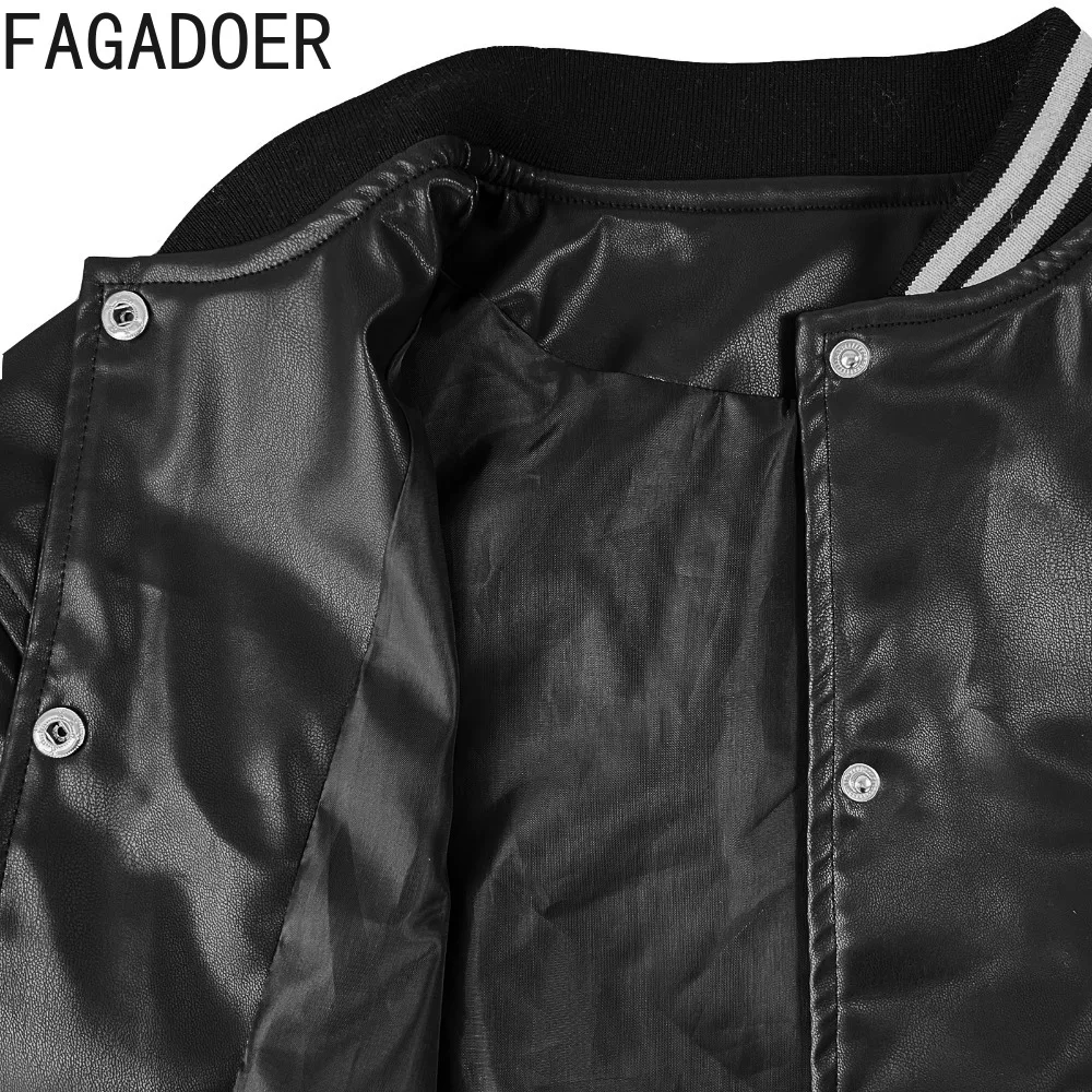 FAGADOER Fashion PU Leather Solid Color Baseball Jacket Women V Neck Button Long Sleeve Crop Top Casual Lady Matching Streetwear