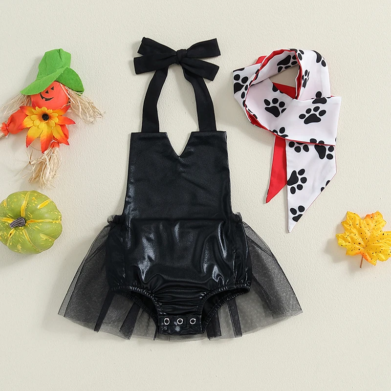 Baby Girls Halloween Cosplay Costume Sleeveless Tulle Romper Dress & Scarf Sets for Themed Party