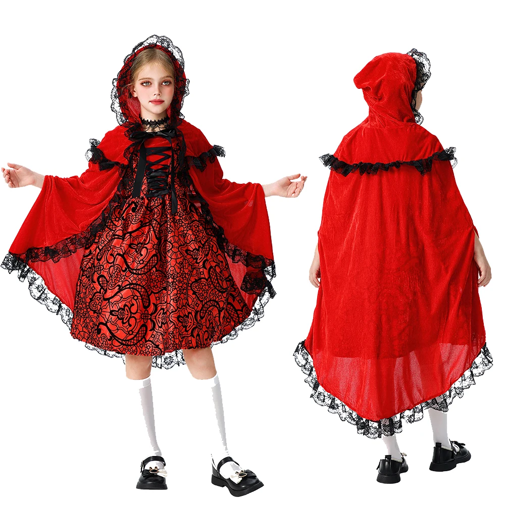 

Little Red Riding Costumes Hood Shawl Cape Children's Day Christmas Outfit Girl Gothic Halloween Cosplay Performance Fancy Dress