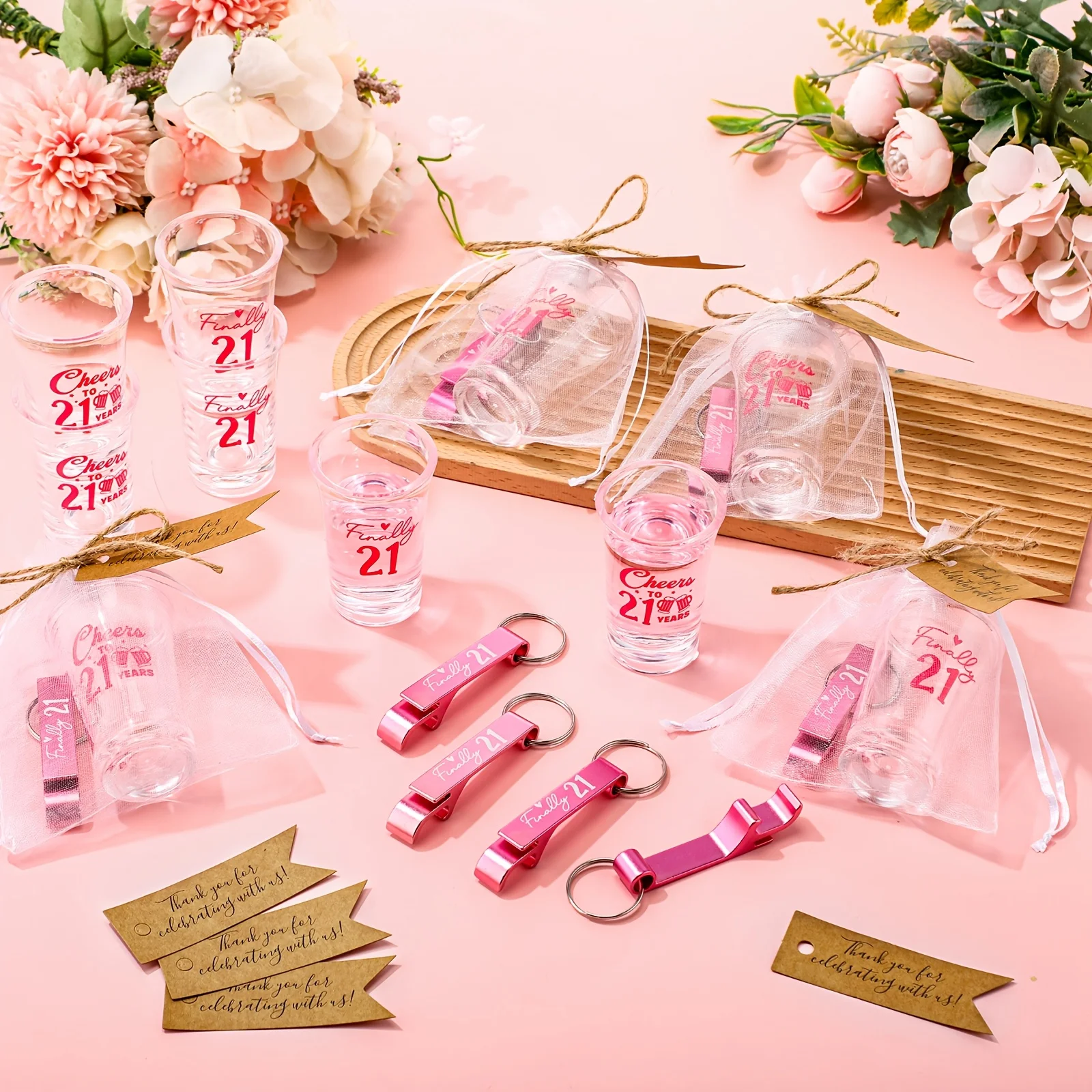 96pcs 24 Sets 21st Birthday Party Favors Suitable for 21 - Finally Cheers to 21 Acrylic Shot Glasses & Bottle Opener Keychains with Thank You Tags, 21st Birthday Souvenirs for Guests, Wedding, Birthday Party Supplies (24 Sets,) LuxuryLounge