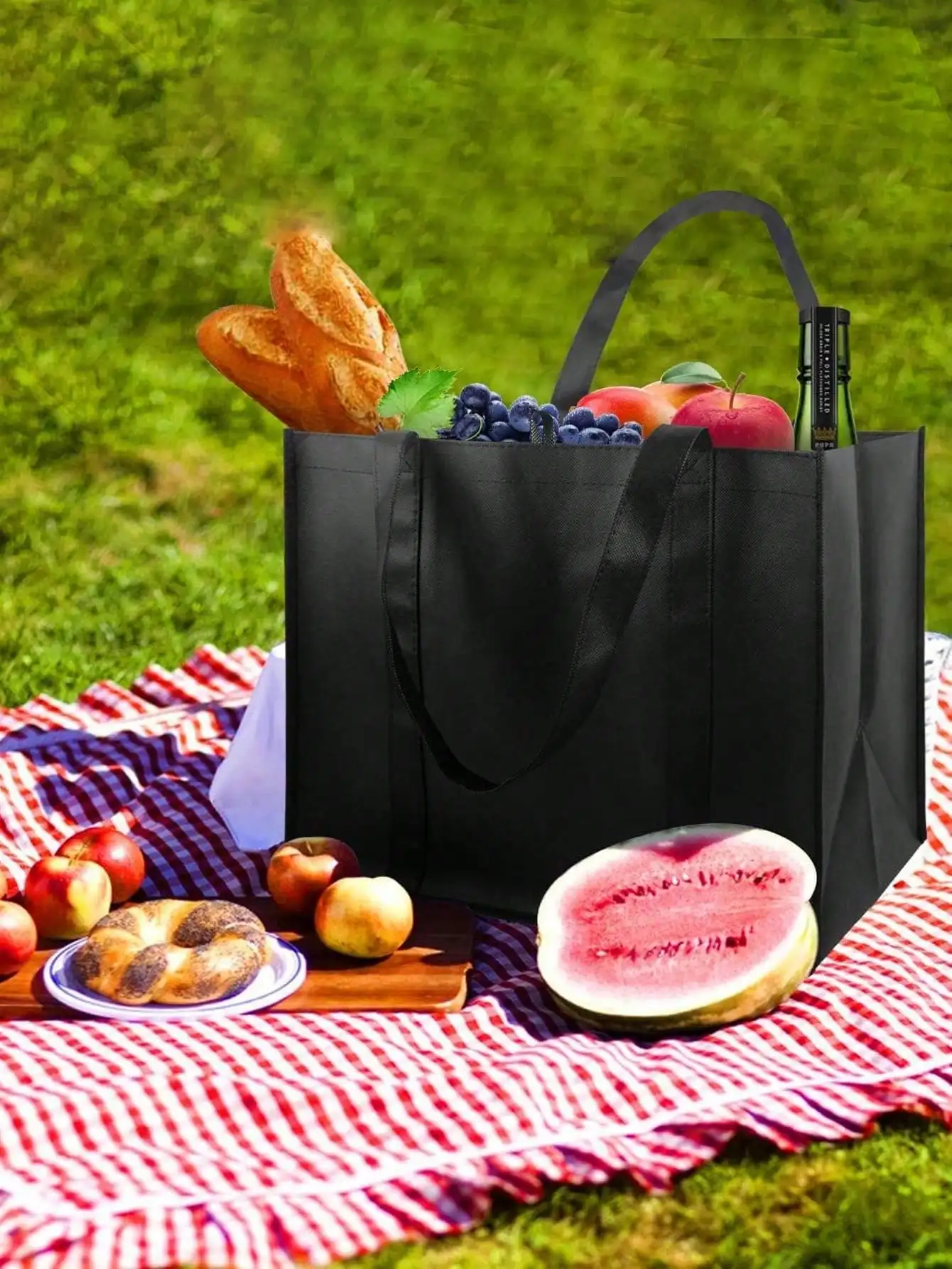 1pc/4pcs - Reusable grocery bag, oversized foldable heavy-duty shopping handbag, product bag with reinforced handle, black