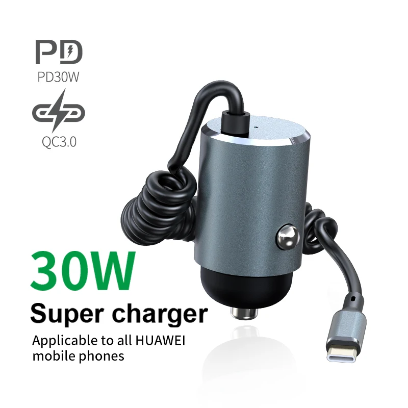 Type-C Fast Charging Car Adapter Retractable Cable USB-C Charger for iPhone Android Universal Devices