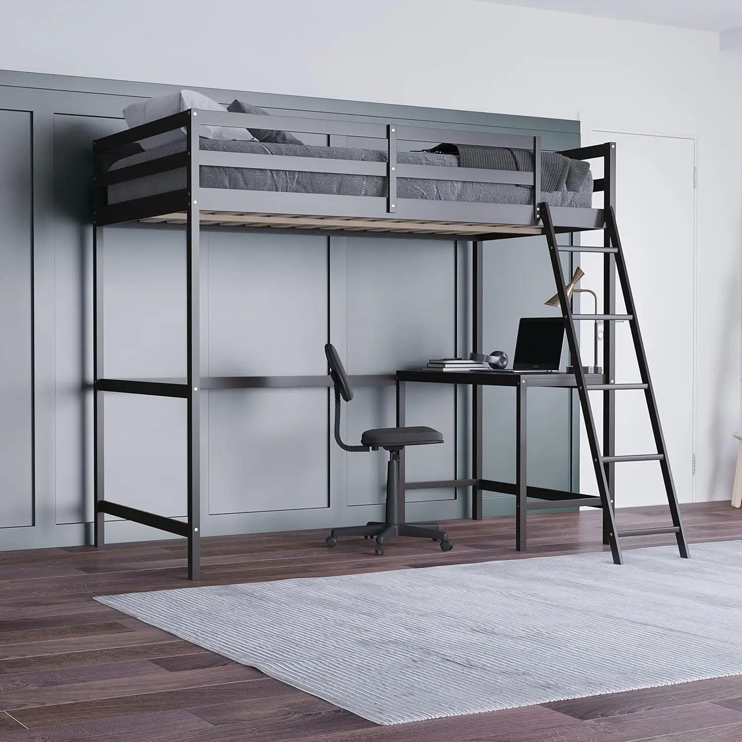 Emma + Oliver Ridley Twin Size Loft Bed Frame - Espresso Finished Pine Frame - Integrated Desk Underneath - Protective