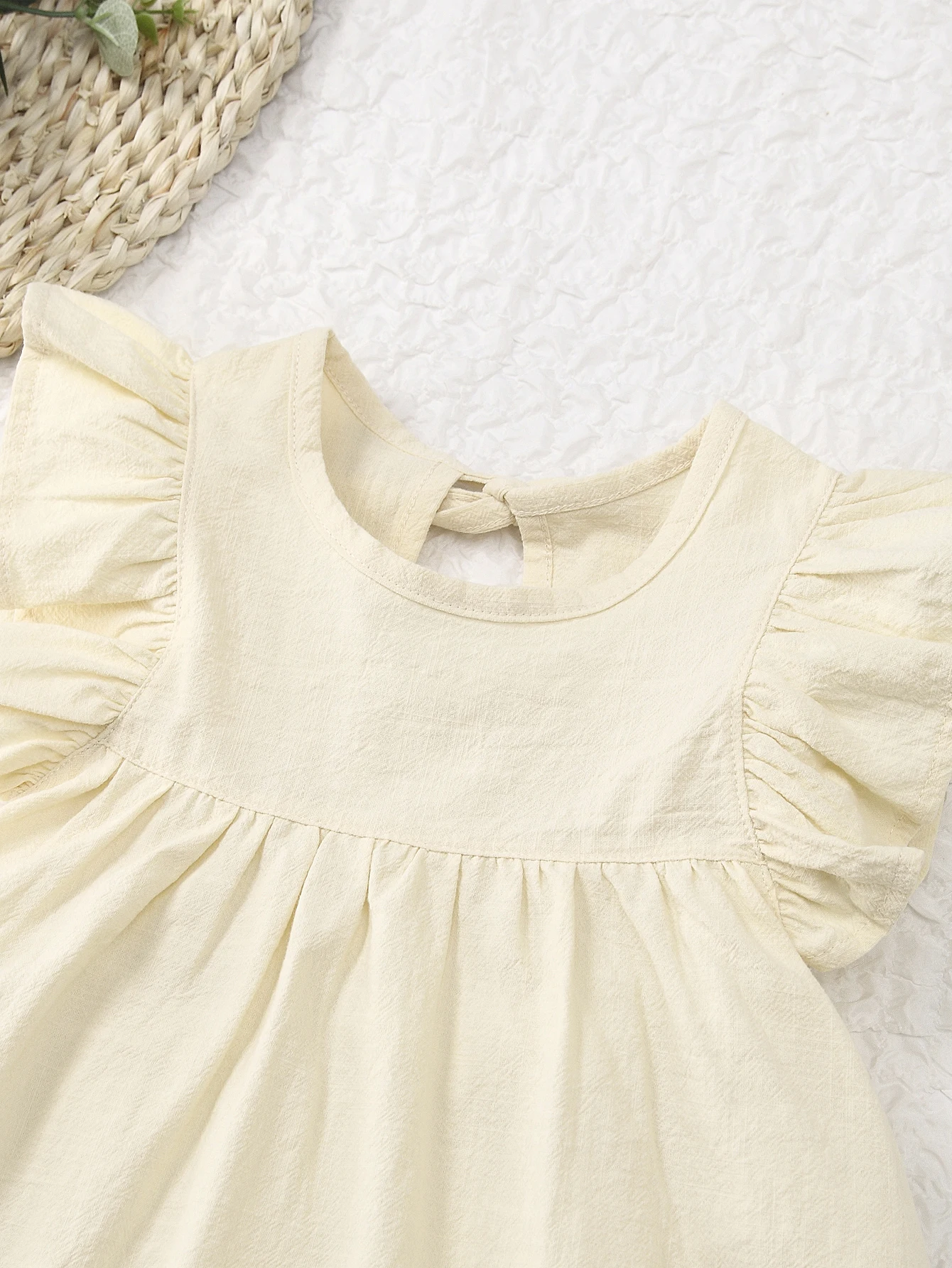 Toddler girls dresses kid\'s summer wear Pure color puffy sleeves girl dress back collar tie princess dress