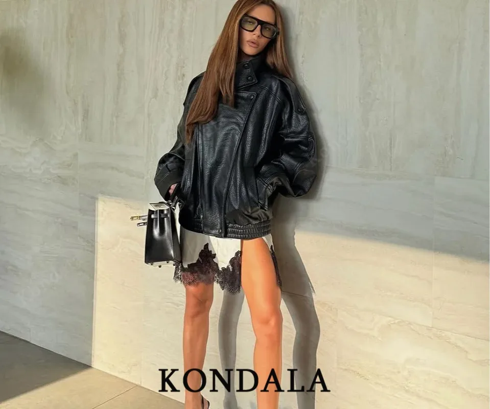 KONDALA المرأة الخريف الوقوف طوق بولي Leather سترة جلدية شارع العليا جاكيت زيبرا 2025 موضة خريف شتاء سترة الإناث معطف