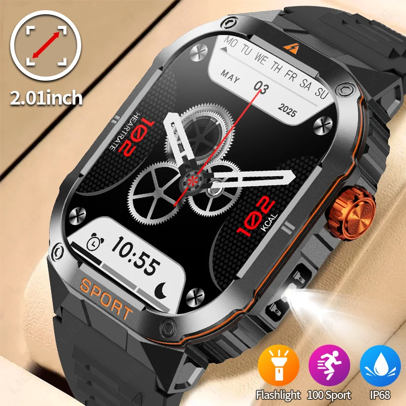 LIGE 2.01" Outdoor Military LED Flashlight Smart Watch Men Call Reminder Waterproof Sports Fitness Smartwatch For Android IOS