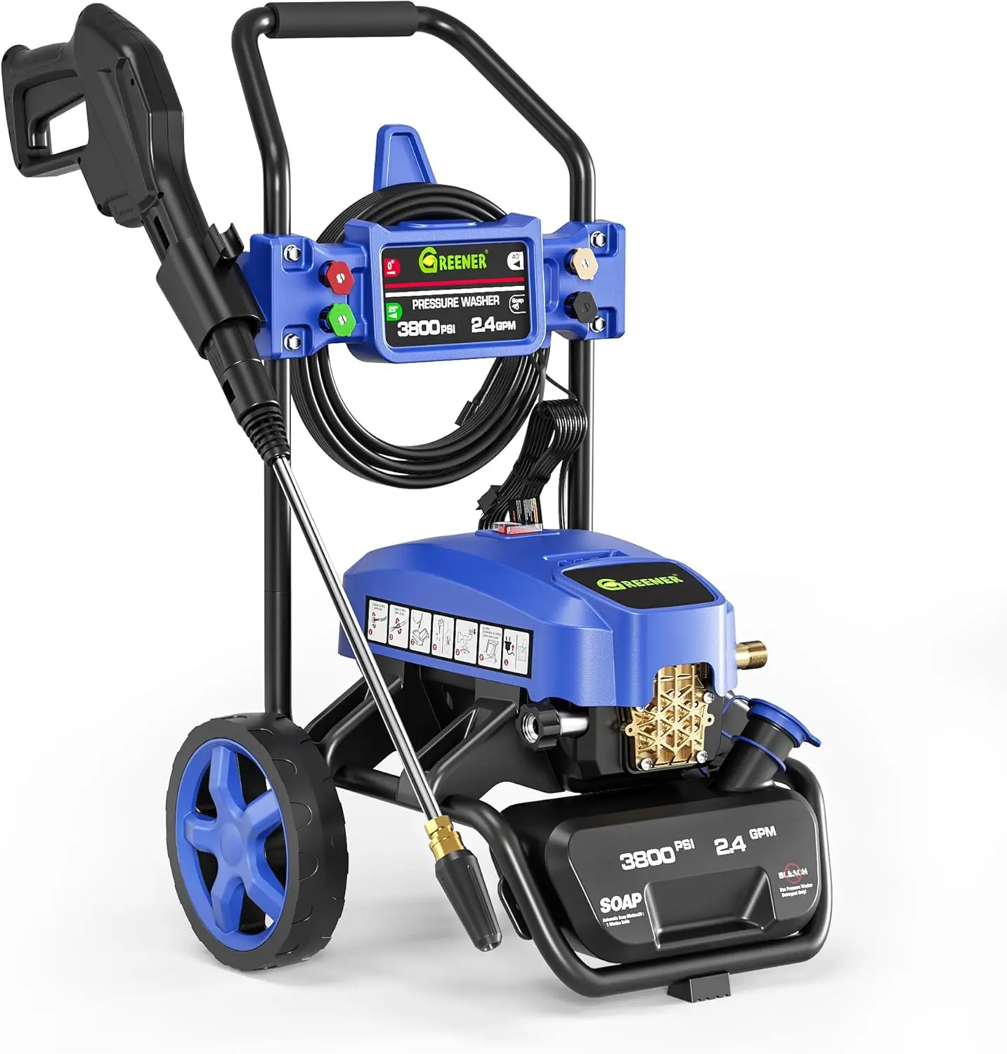 

Electric Pressure Washer, 3800 Max PSI and 2.4 Max GPM, Onboard Soap Tank, Spray Gun and Wand, 5 Nozzle Set, for Cars/Fences/Dri