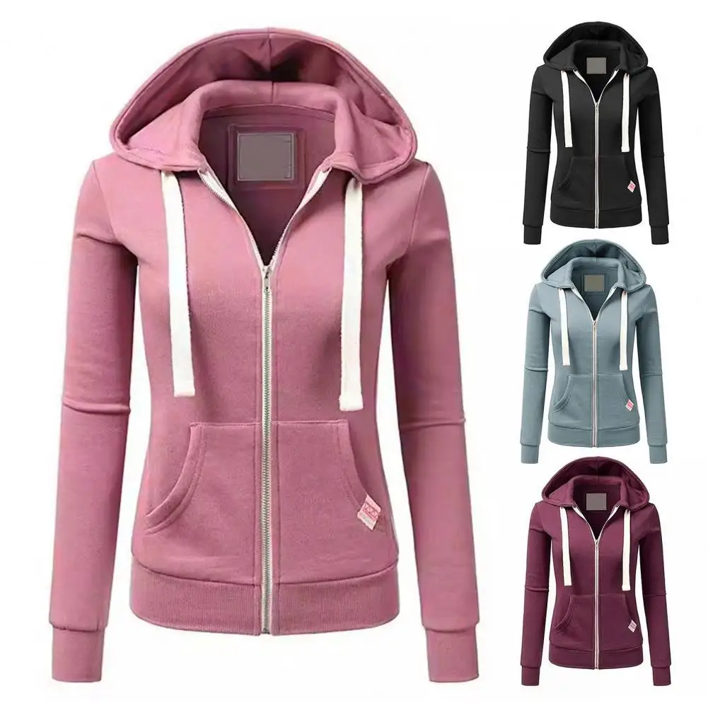 Moletom esportivo feminino com capuz e cordão elegante jaqueta feminina com fecho de zíper mangas compridas para outono para conveniência para esporte