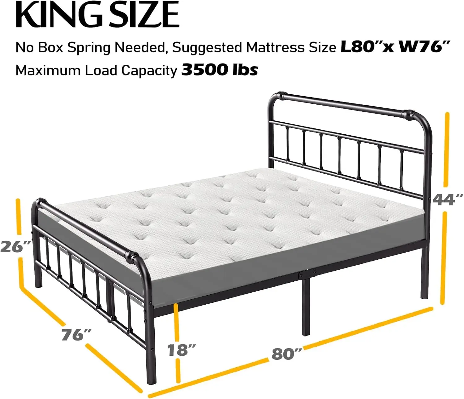 King Size Bed Frame With Headboard And Footboard, 18 Inches High, 3500 Pounds Heavy Duty Metal Slats Support For Mattress, No