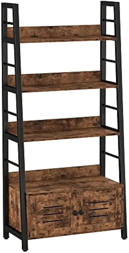 Bookshelf with Louvered Doors, 3-Tier Ladder Shelf with Cabinet Industrial Accent Furniture for Bedroom Living Room Home Office