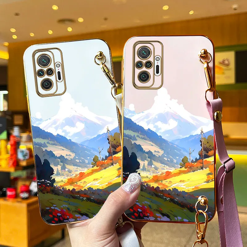 Mountain View Lanyard Plating Phone Case For Xiaomi Redmi Note 10Pro 10 10S 10T 11T 11Pro 11E 11S 11 11TPro 12Pro 12S 12 9 Cover