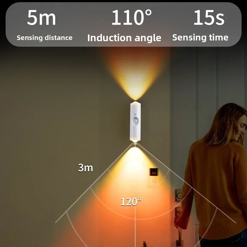 Led dupla cabeça sensor de movimento luz rgb gradiente luz noturna recarregável lâmpada de parede magnética para armário corredor escada