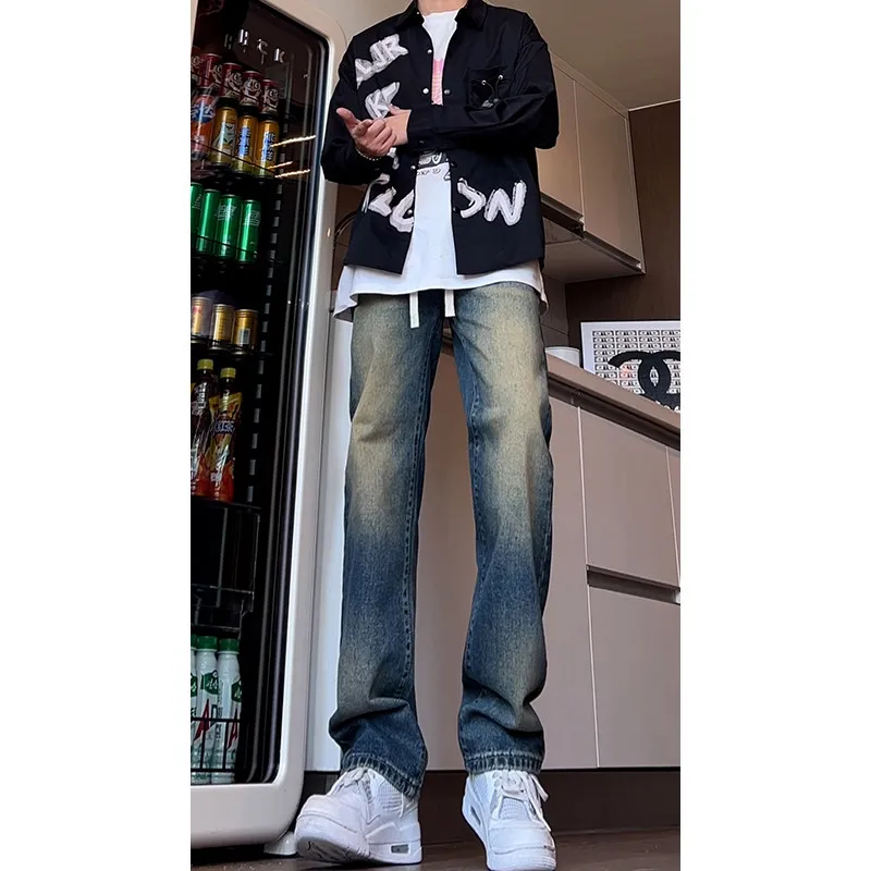 

Retro Waed adient Blue Denim Jeans Slim Straight Leg Trousers for Teenage Boys Youthful Faionable Cotton Blend Jeans