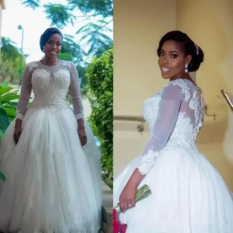 Maßgeschneidertes, wunderschönes Spitzen-Ballkleid-Hochzeitskleid mit Perlen, luxuriöses, sexy Tüll-Brautkleid mit Rundhalsausschnitt, Vestido De Noiva