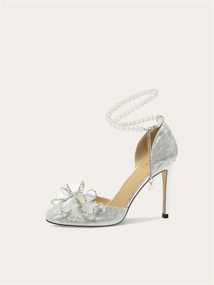 Summer New Round Head Hollow Water Diamond Bow Pearl Chain Wedding Shoes Banquet Large Size Small Size High Heel Women's Sandals