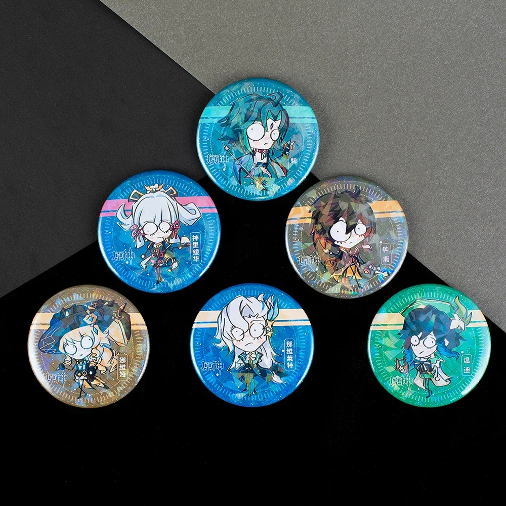 58MM Anime Genshin Impact Cosplay Cartoon Backpack Decoration Laser Tinplate Brooch Glitter Badge Send Friend Birthday Xmas Gift