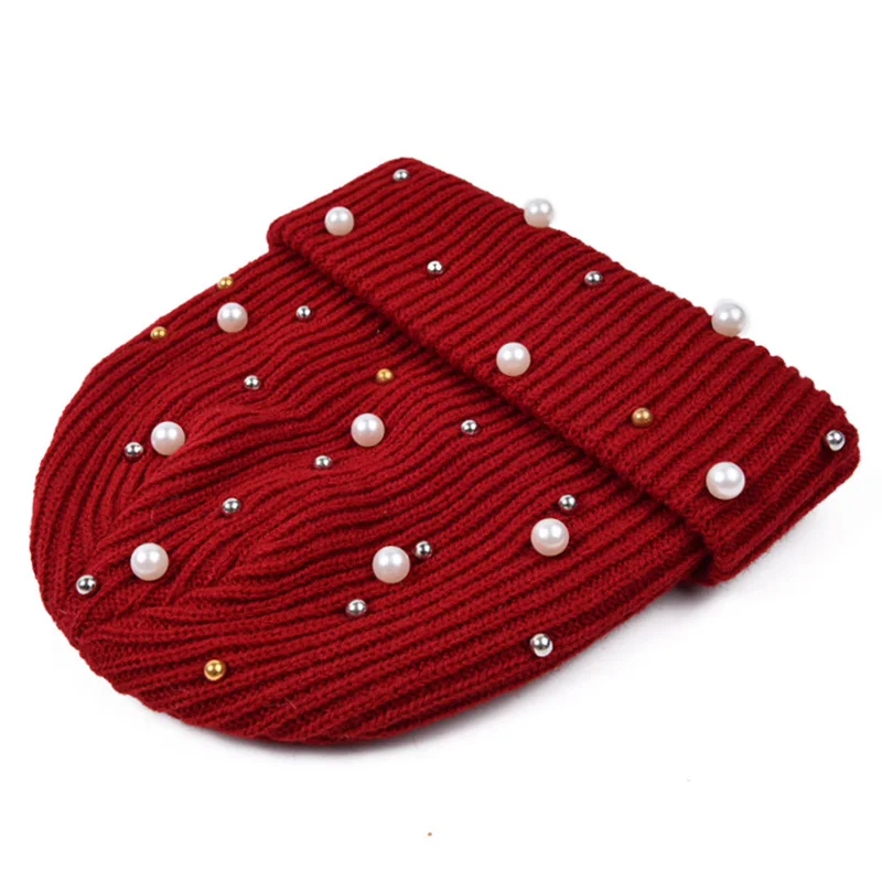 Sparkly Studded Beanie Women Hat Winter Knit Cap with Pearls Ribbed Ladies Cuffed Skullies