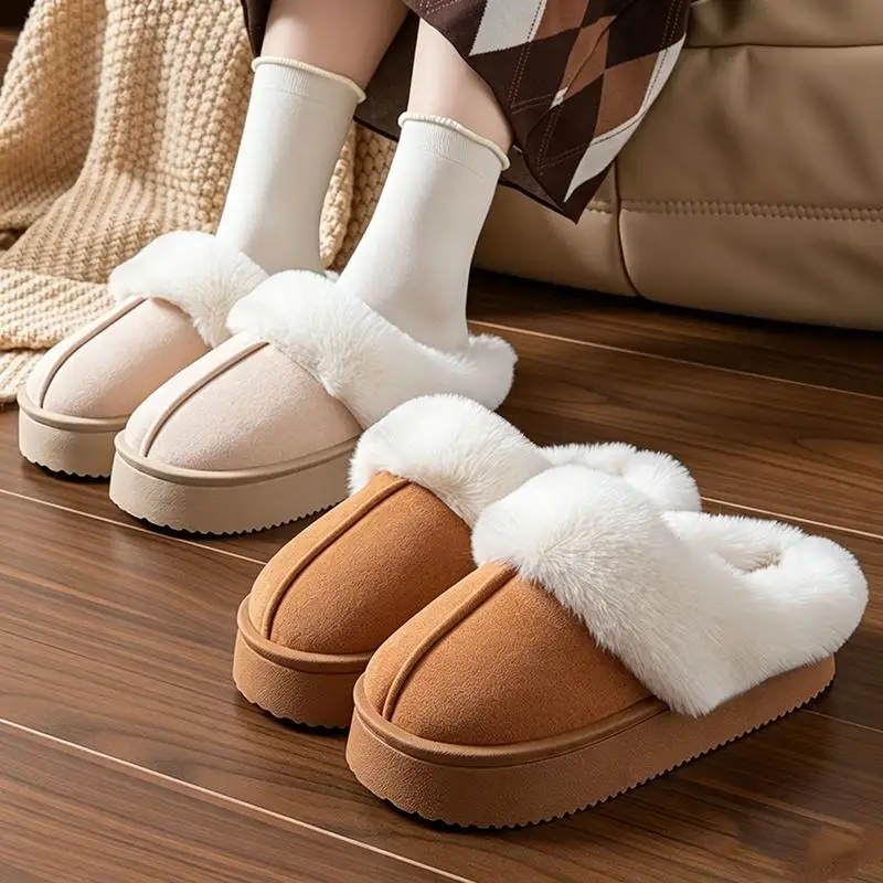 Flauschige Pelz-Mules mit dicker Sohle für Damen, Winter 2026, warme kurze Plüsch-Outdoor-Hausschuhe, Marken-Wildleder-Baumwollschuhe für Damen – Detail 2