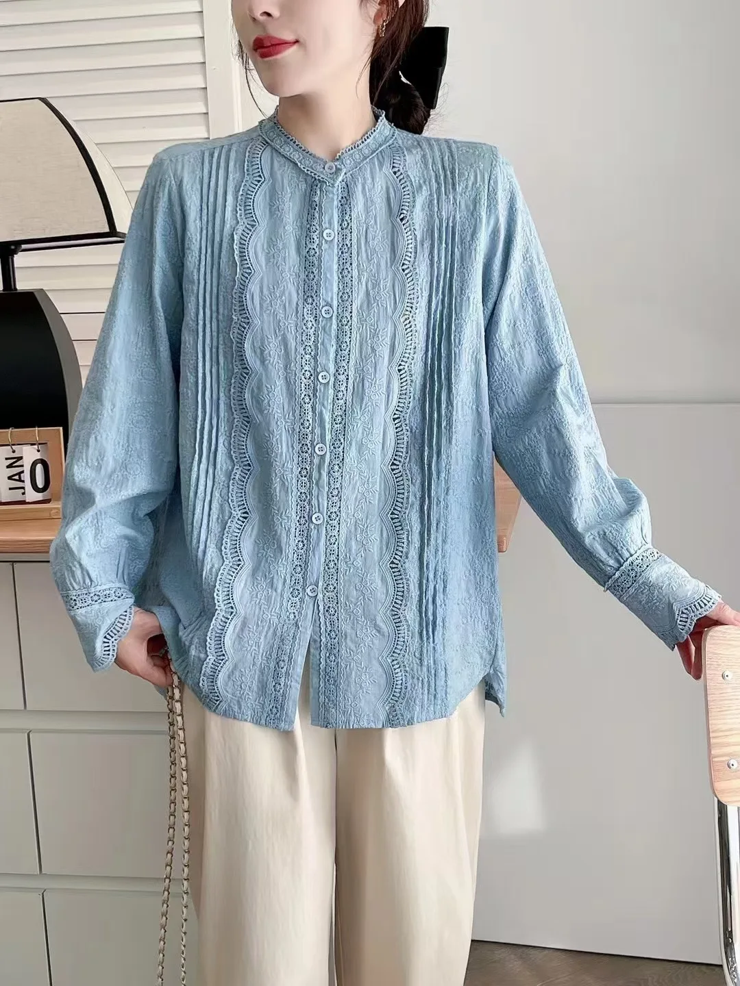 Mori Girl Sweet Lace Embroidery Hollow Out Solid Color Cotton Shirts Women Japanese Cute Stand Collar Long Sleeve Blouse Tops