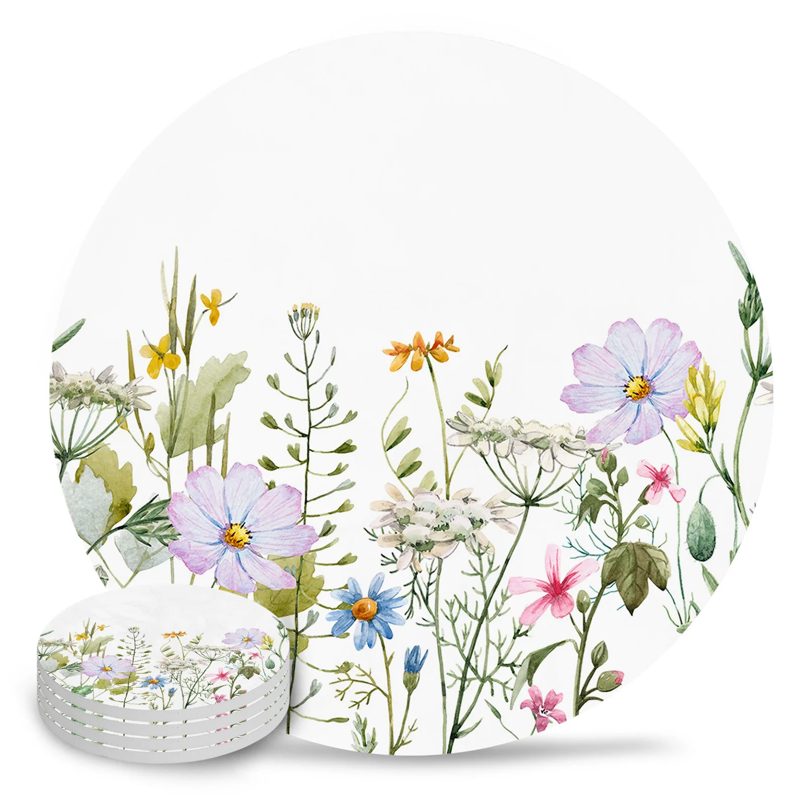 Spring Flower Vanilla Wildflower Ceramic Coaster Set Coffee Tea Cup Coasters Kitchen Accessories Round Placemat