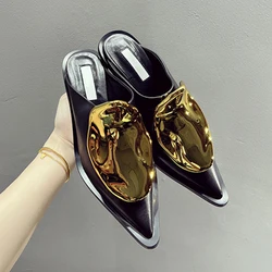 Black Metal Closed Toe Cat Heel Slippers Woman Summer 2024 White Pointed Toe High Heels Slippers Women Mules Shoes Fashion