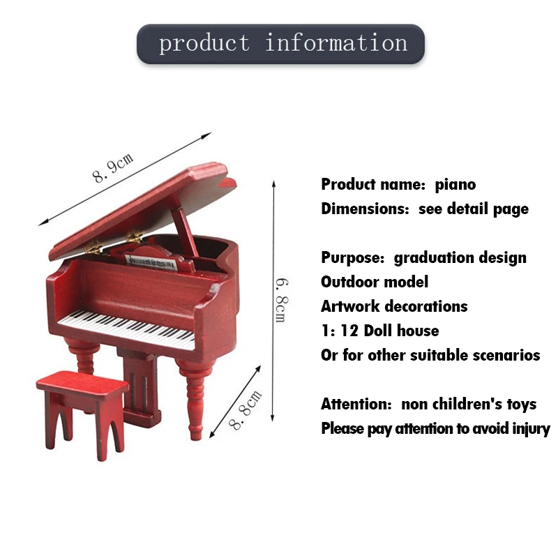 مجموعة واحدة 1:12 بيانو كبير مصغر لبيت الدمى مع كرسي محاكاة ديكور غرفة المعيشة #6