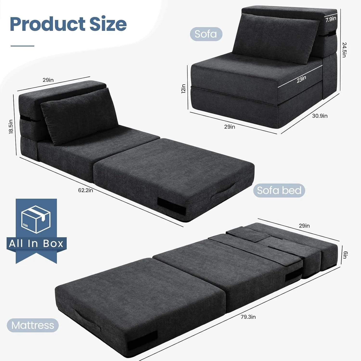 

Convertible folding sofa bed with a fluffy pillow is suitable for small spaces.